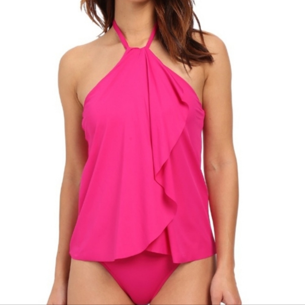 Ralph Lauren 12 Flyaway Bright Fuschia Pink Halter Tie one piece swimsuit